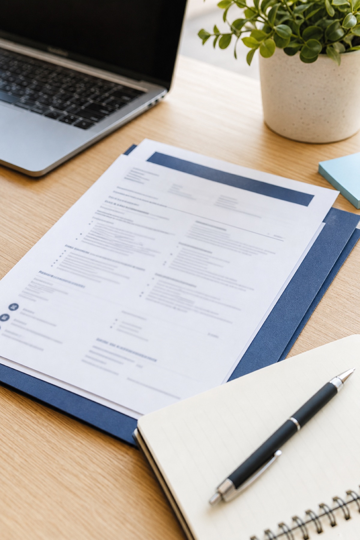 Printed resume pages and a notebook arranged on a desk for review