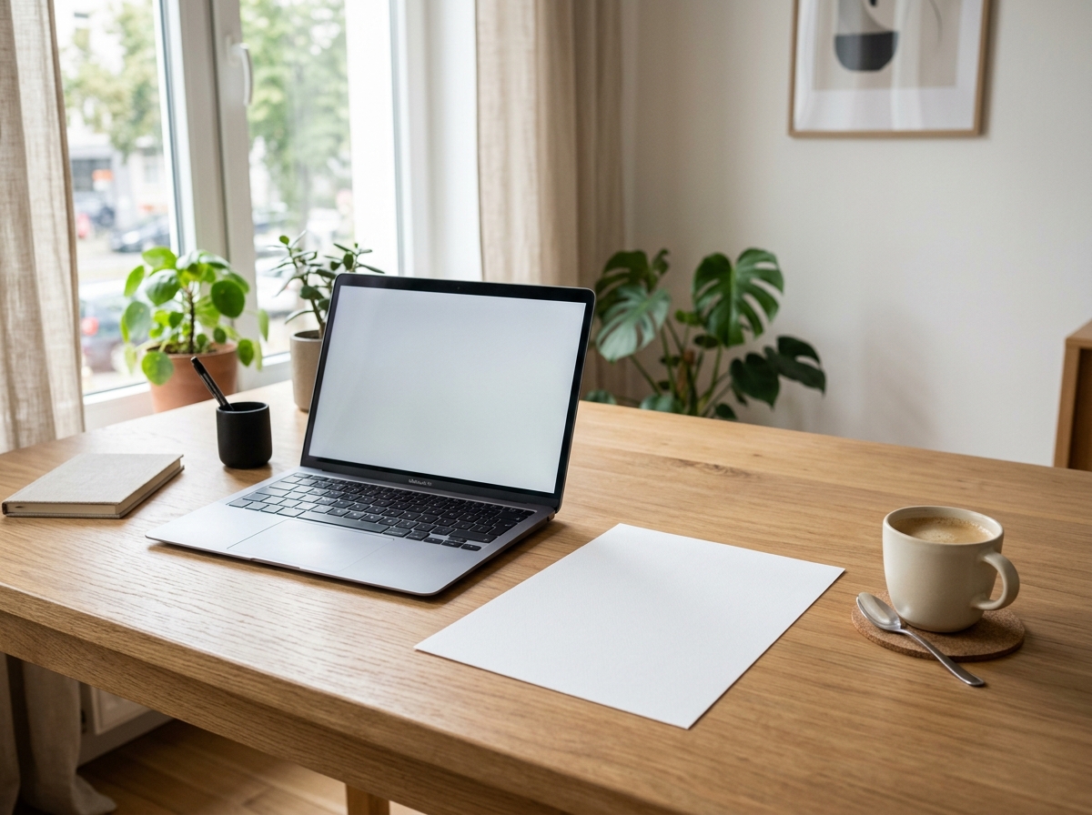 Minimalist workspace showing a blank resume page and laptop